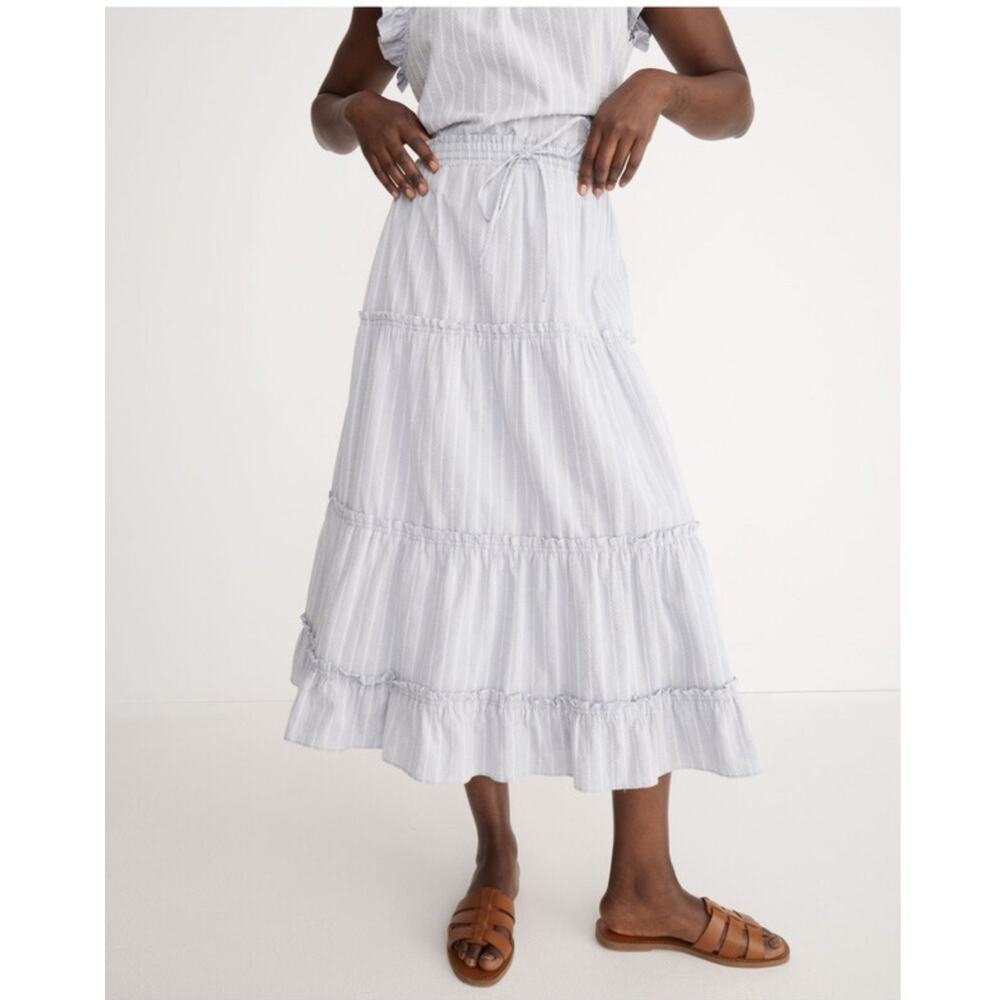 Madewell Tiered Drawstring Peasant Maxi Skirt Medium Blue Embroidered Lined Boho